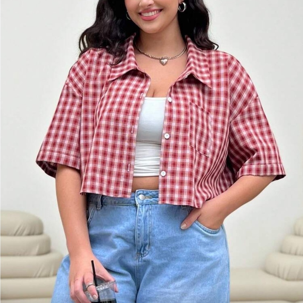 Plaid Button-Up Red Top